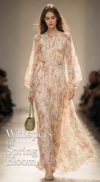 Elegant Floral Silhouette Walk Model walks down runway wearing flowing floral gown with long sleeves, holding small bag, under soft lighting.