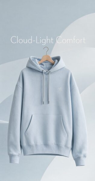 Soft Blue Hoodie Hanging In Minimalist Space Soft blue hoodie hangs on wooden hanger against minimalist light blue background with abstract shapes.