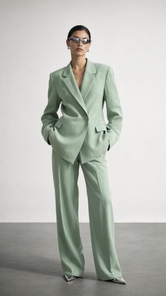 Serene Mint Power Suit Portrait A woman in a serene mint green power suit stands confidently with hands in pockets against a minimalist studio backdrop.