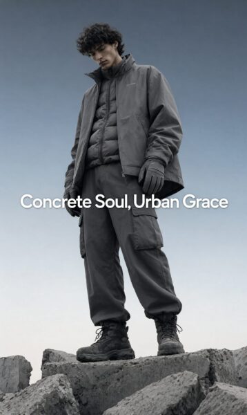 Urban Sculpture In Monochrome Armor A man stands atop broken concrete blocks wearing layered grey tactical gear, including a puffer jacket and cargo pants, in a stark monochrome setting.
