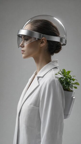 Future Gardener In White Lab Coat A woman in a white lab coat wears a futuristic silver visor and carries a potted green plant on her shoulder.