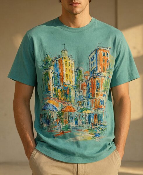 Urban Sketch T-Shirt In Soft Teal Man wearing a soft teal t-shirt featuring a colorful urban sketch design, standing outdoors in warm sunlight.