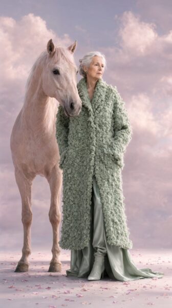 Ethereal Sage Ensemble With Pink Steed An elderly woman in a long sage bouclé coat stands beside a white horse on a cloud-like ground scattered with pink petals under a pastel sky.