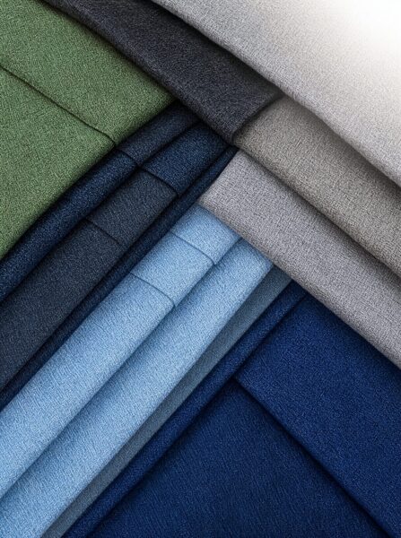 Textured Fabric Swatches In Cool Tones Stacked fabric swatches in shades of green, blue, and gray showing textured weave patterns under soft lighting.