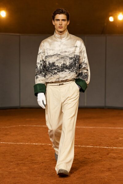 Silk Landscape Jacket Walk A male model walks confidently in a silk landscape-printed jacket with green cuffs and cream trousers on a clay tennis court under warm lights.