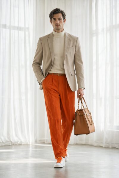 Confident Step Through Soft Light Confident man in beige blazer and orange pleated trousers walks through soft light holding a tan leather bag.