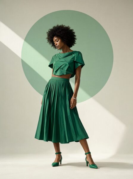 Emerald Muse In Geometric Grace A woman in an emerald green geometric crop top and pleated midi skirt stands against a soft green circular backdrop.