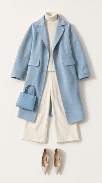 Soft Blue Coat With Cream Accents Soft blue overcoat paired with cream turtleneck and wide-leg pants, accessorized with matching bag and beige heels.