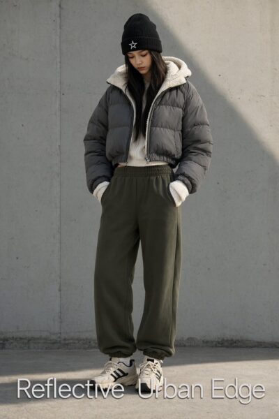 Urban Winter Layering Ensemble A person wears a gray puffer jacket with fleece lining, olive joggers, and sneakers, standing against a concrete wall under natural light.