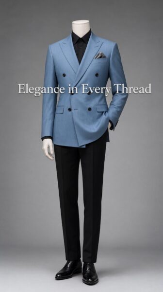 Sleek Sky Blue Double-Breasted Suit A mannequin wears a sleek sky blue double-breasted suit with black trousers, standing against a neutral gray backdrop.