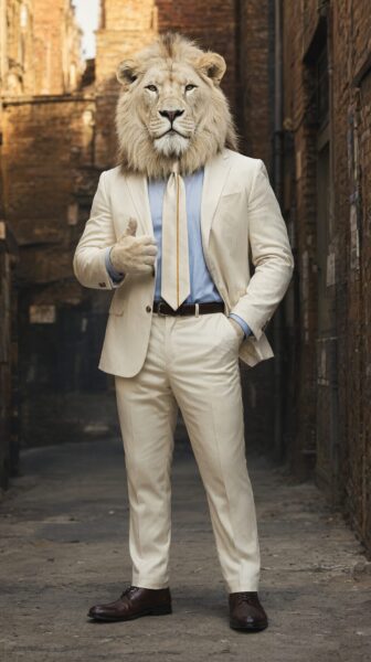 White Lion In Cream Suit A white lion wearing a cream suit with light blue shirt and striped tie stands confidently in an alleyway giving a thumbs up.