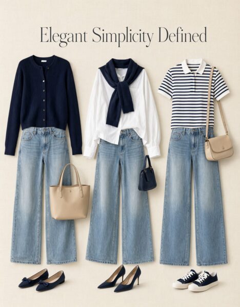 Navy &Amp;Amp; White Minimalist Outfits Three navy and white minimalist outfits with wide-leg jeans, paired with heels or sneakers and matching bags.