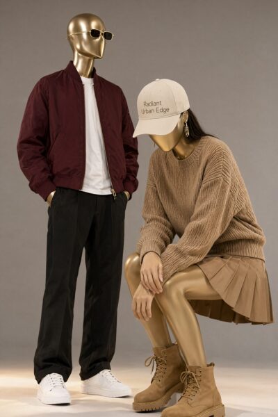 Golden Mannequins In Modern Street Style Golden mannequins display streetwear: maroon bomber jacket, beige sweater, pleated skirt, boots, and a cap reading 'radiant urban edge'.
