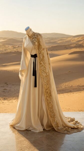 Desert Elegance In Ivory And Gold Elegant ivory gown with gold-embroidered cape draped over a mannequin in a sunlit desert landscape.