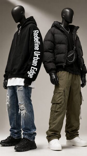 Urban Streetwear Duo In Monochrome Two mannequins model monochrome urban streetwear, one in ripped jeans and hoodie, other in cargo pants and puffer jacket, both wearing gloves and sneakers.