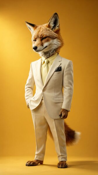Confident Fox In Cream Suit Confident fox wearing a cream suit with yellow tie against a warm golden background.