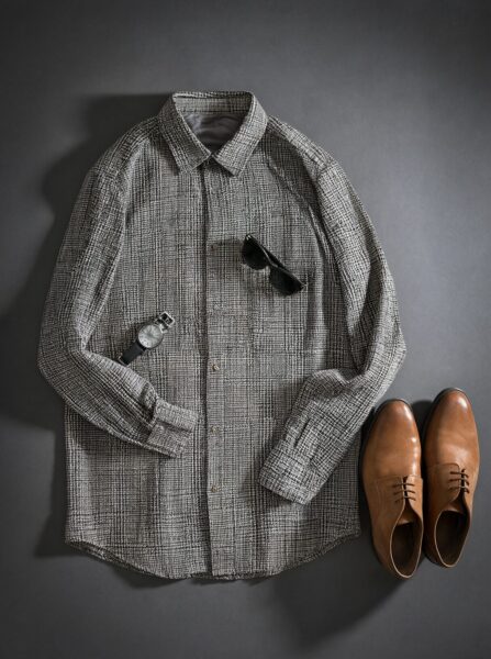 Monochrome Houndstooth Ensemble A gray houndstooth button-up shirt laid flat with sunglasses in pocket, watch on sleeve, and tan leather shoes beside it.