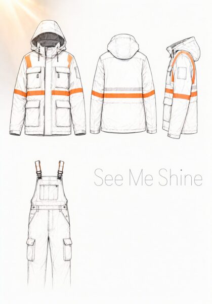 Reflective Workwear Design Sketch Minimalist sketch of reflective workwear including jacket and overalls with orange safety stripes and 'see me shine' slogan.