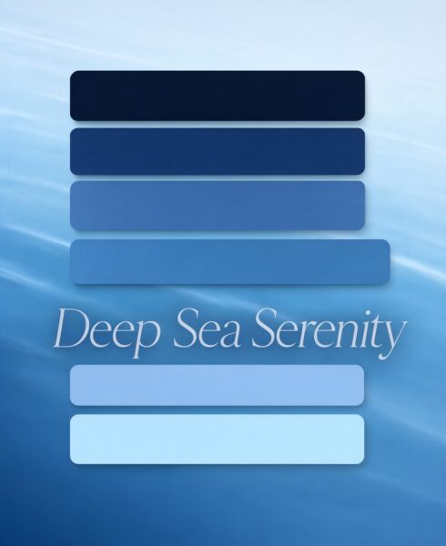 Gradient Blue Palette Moodboard Gradient blue palette moodboard titled 'deep sea serenity', featuring six horizontal swatches on an underwater-themed background.