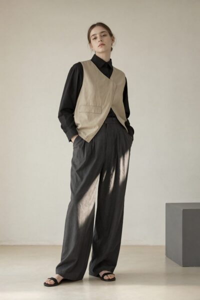 Minimalist Asymmetrical Layering A woman in a black shirt layered under an off-white asymmetrical vest, paired with charcoal gray wide-leg trousers and black sandals, standing in a softly lit studio space.