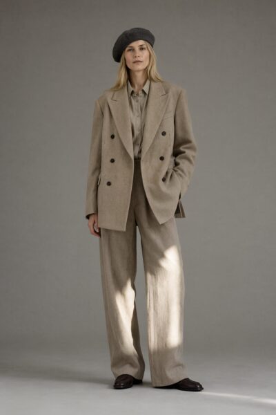 Monochrome Minimalist Tailored Ensemble A woman in a beige double-breasted suit with wide-leg trousers, wearing a charcoal beret against a neutral studio background.