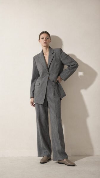 Serene Gray Suit With Black Accent A woman in a gray textured suit stands against a beige wall wearing taupe loafers, casting a soft shadow behind her.