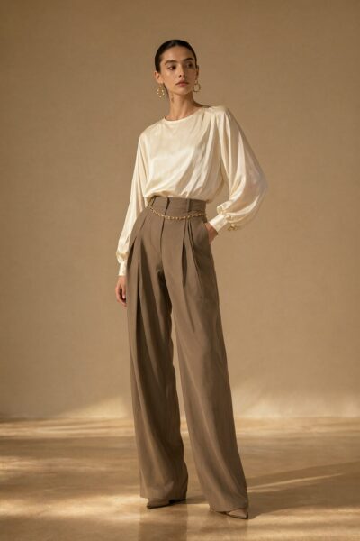 Elegant Earth Tones In Soft Light A woman stands confidently in earth-toned wide-leg trousers and a cream satin blouse under soft studio lighting.