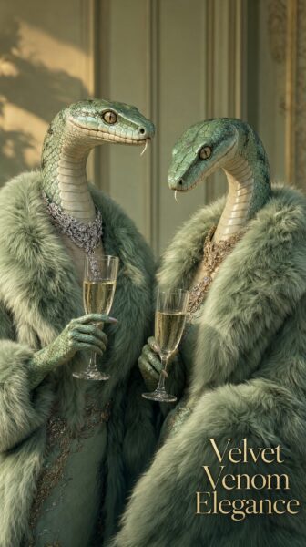 Elegant Serpentine Hostesses Two elegant serpentine hostesses in teal fur coats hold champagne flutes in a luxurious room.