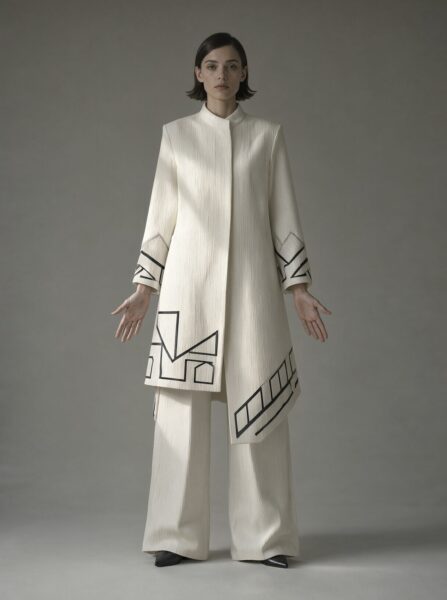 Modern Minimalist Couture Ensemble A woman in an off-white modern coat and wide-leg pants with bold black geometric patterns stands against a neutral gray background.