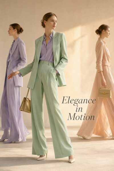 Soft Lavender Power Ensemble A woman walks confidently in a mint green power suit with wide-leg pants, holding a gold bag, set against a warm beige backdrop with other models in motion.