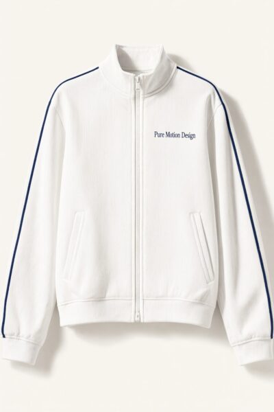 Minimalist White Track Jacket Minimalist white track jacket with navy blue stripes and embroidered 'pure motion design' on chest, displayed flat under soft lighting.