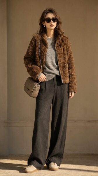 Earthy Tones With Soft Contrast A woman in a brown teddy jacket, grey sweater, wide-leg trousers, and beige sneakers stands outdoors wearing sunglasses and carrying a quilted purse.