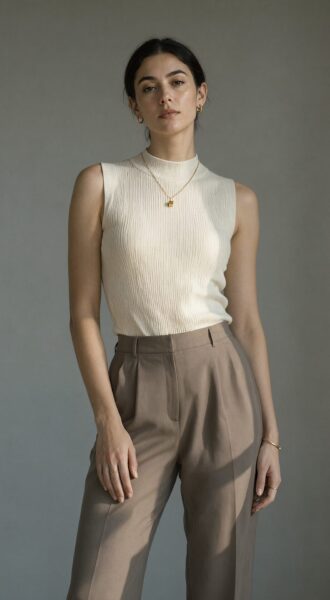 Elegant Minimalist Office Ensemble A woman in an elegant beige ribbed sleeveless top and high-waisted taupe trousers stands against a muted gray background.