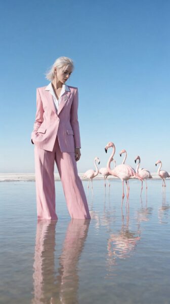 Pink Suit Amidst Flamingo Reflections A woman in a pink pinstripe suit stands in shallow water beside pink flamingos, reflecting beautifully on calm surface.