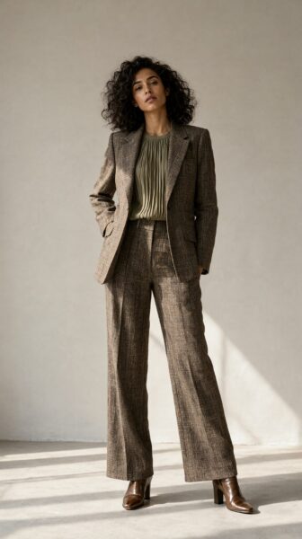 Confident Curves In Earth-Tone Tailoring Confident woman in earth-toned plaid suit with olive blouse and brown boots, standing in soft-lit studio space.