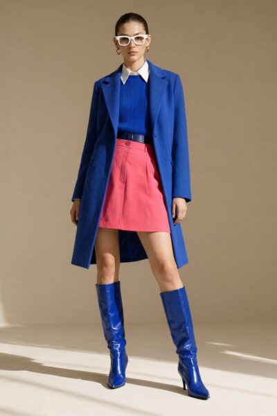 Confident Blue And Coral Ensemble Confident woman in blue coat, coral skirt, white collar shirt, and blue boots standing in soft-lit studio space.