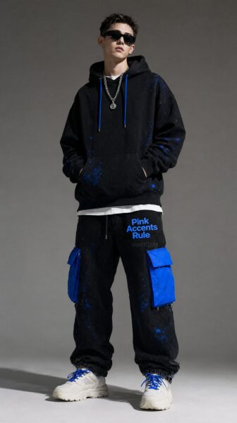 Urban Streetwear Aesthetic A young man wears black hoodie and cargo pants with blue paint splatters and pockets, white sneakers, and sunglasses against a gray background.