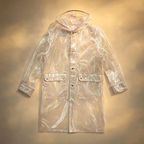 Iridescent Raincoat With Soft Glow Iridescent transparent raincoat with front pockets and hood, glowing under warm ambient light.