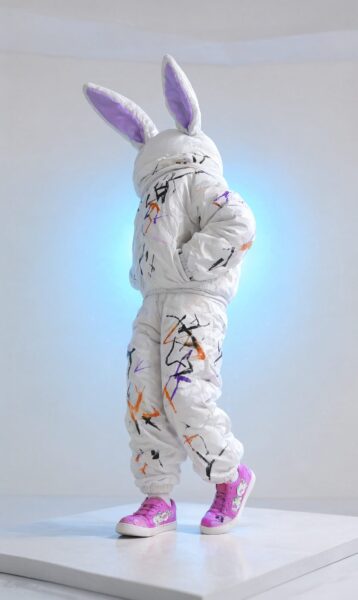 Pink Bunny Astronaut Outfit A child in a white puffy bunny astronaut suit with purple-lined ears stands on a pedestal wearing pink sneakers against a softly lit background.