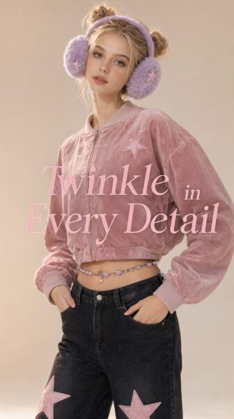 Pink Starry Outfit With Soft Lighting A young woman wears a pink velvet bomber jacket and dark jeans with star patches, paired with lavender earmuffs, under soft warm lighting.
