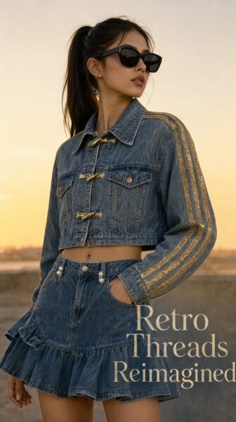 Denim Ensemble With Pearl Accents Model wears denim jacket and skirt set with pearl buttons and gold-trimmed sleeves against a golden sunset backdrop.