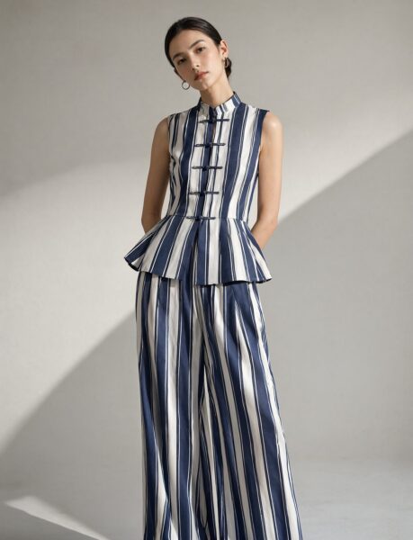 Confident Striped Silhouette A confident woman in a navy and white striped sleeveless peplum top and wide-leg pants, standing against a neutral background.