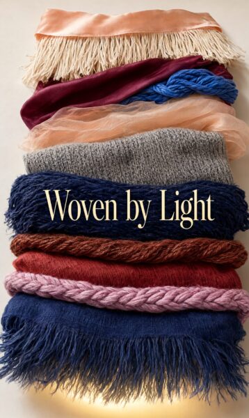 Textile Swatch Palette With Soft Glow Stacked colorful textile swatches with fringe, illuminated from below, featuring 'woven by light' text overlay.