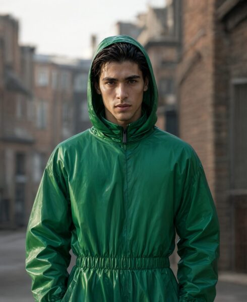 Emerald Glow Urban Portrait A man in an emerald green shiny hooded raincoat stands against a blurred brick building backdrop.