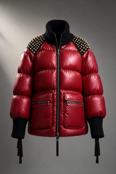 Luxury Red Puffer Jacket Display A vibrant red puffer jacket with black ribbed cuffs and collar, featuring gold-tone stud shoulders and front pockets with zippers.