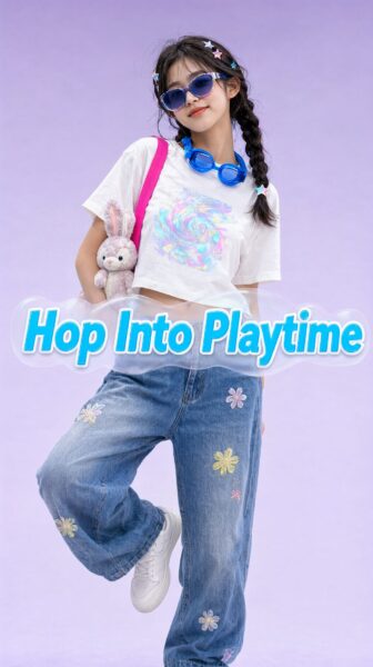 Bubblegum Blue Bunny Adventure A young woman in playful attire holds a plush bunny, wearing sunglasses and jeans with floral patches against a purple backdrop.