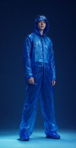 Neon Blue Rain Suit Silhouette A person in a full-body neon blue rain suit stands against a dark blue background under studio lighting.