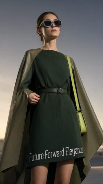 Bold Contrast Couture Statement A model wears a dark green dress with lime green accents, a belt, and sunglasses, carrying a matching bag against a dusky sky backdrop.