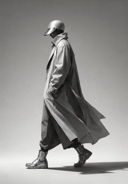 Silent Sentinel In Monochrome Drift Silent sentinel walks in flowing trench coat under studio light, wearing metallic boots and silver cap.