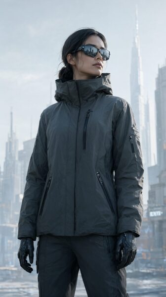 Cyberpunk Explorer In Azure Gear A cyberpunk explorer in matte charcoal gear stands against a futuristic city skyline wearing gloves and reflective sunglasses.